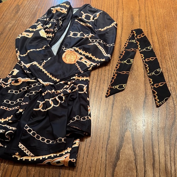 Black With Gold Chain Design Duster With Hair Tie In Matching Print Size M - Picture 6 of 7